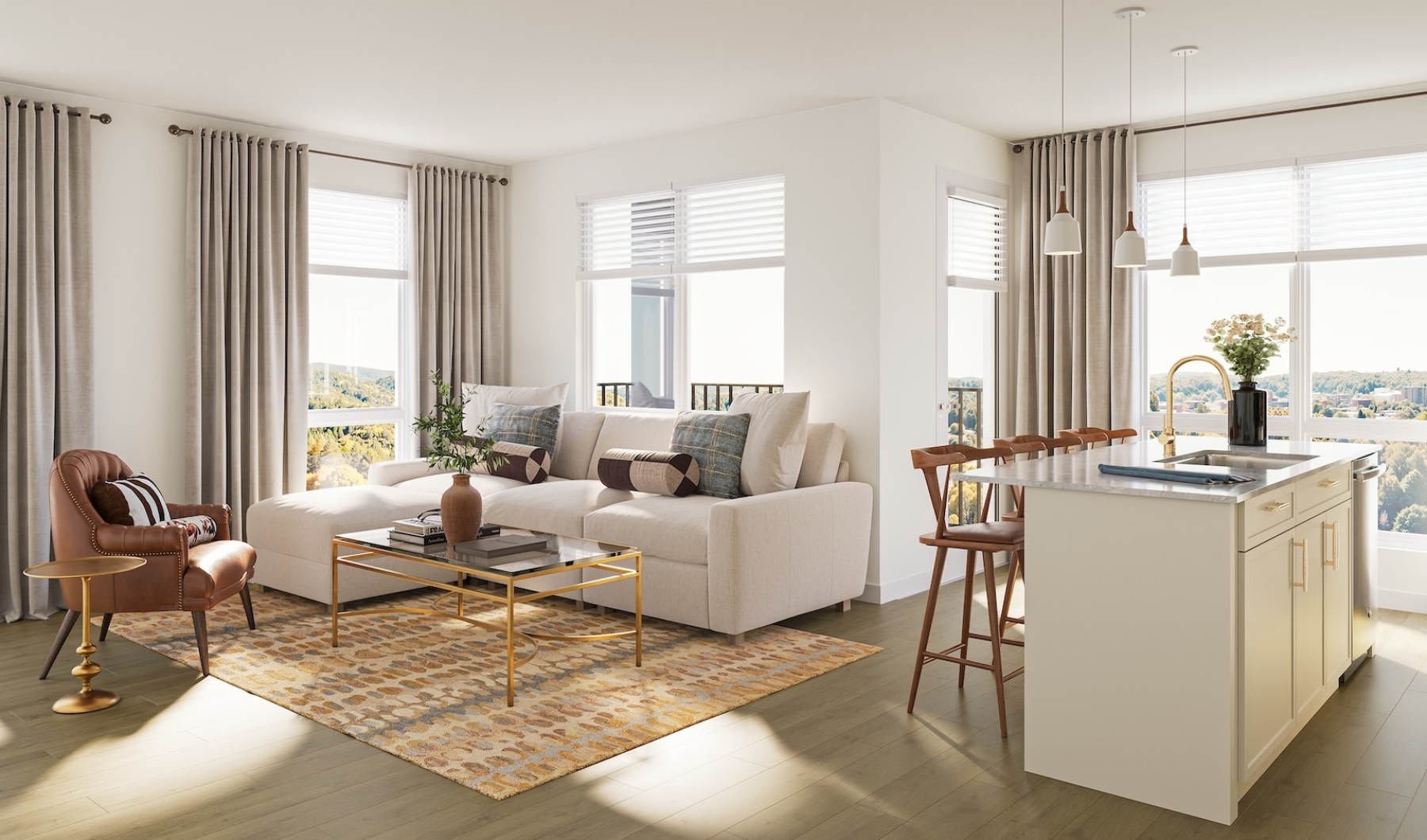 a living room with a couch and a table
