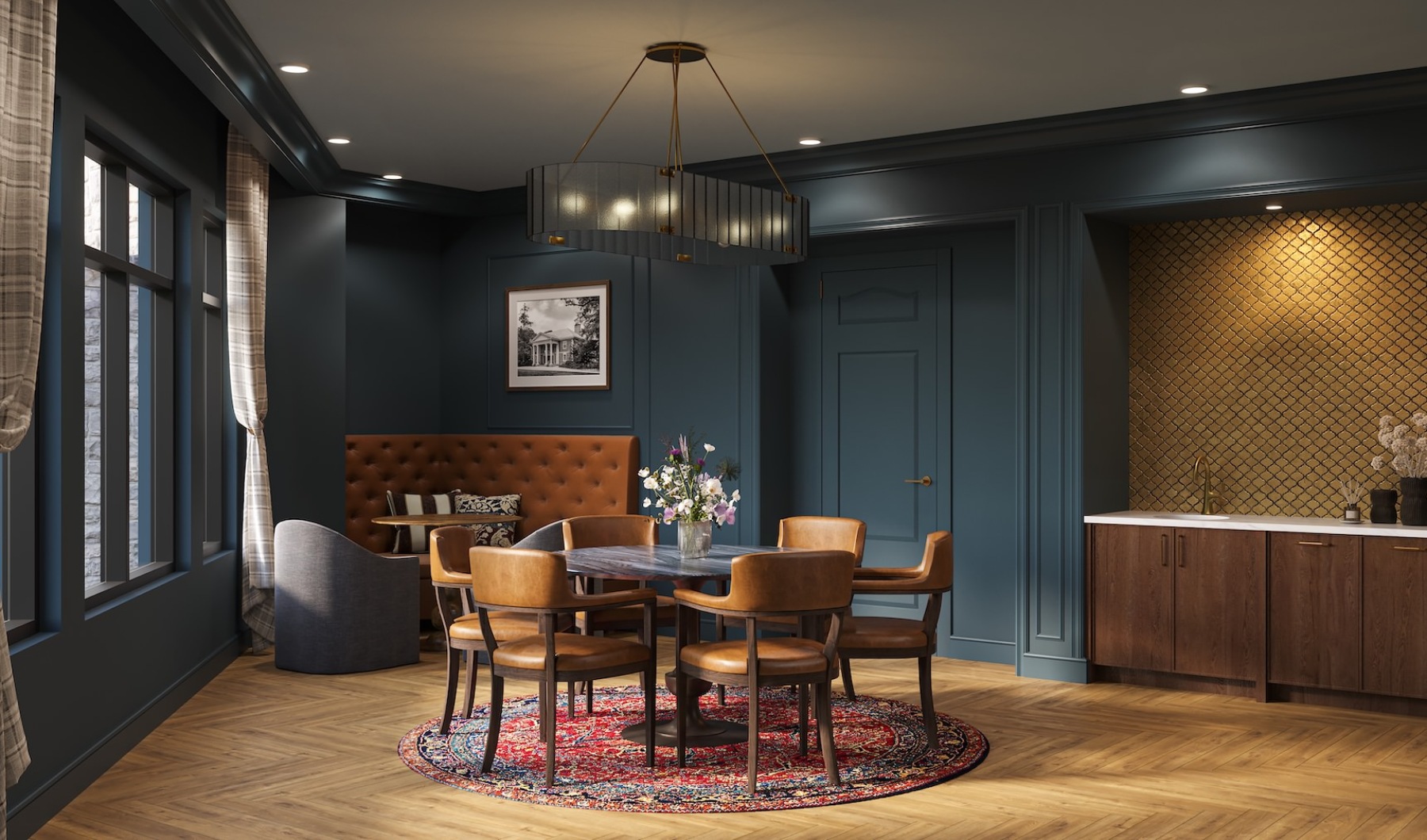 a room with a table and chairs